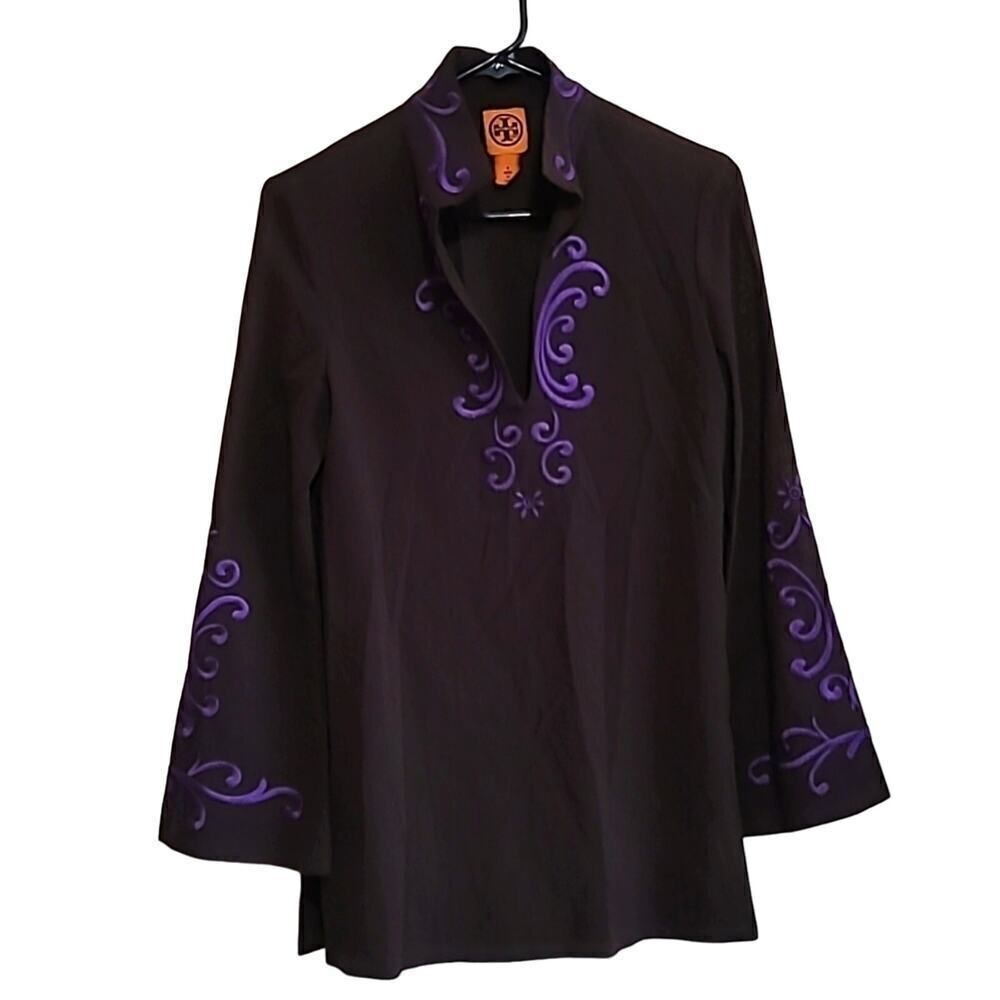 Tory Burch Brown  Wool Tunic Top with Embroidered Details Sz 4